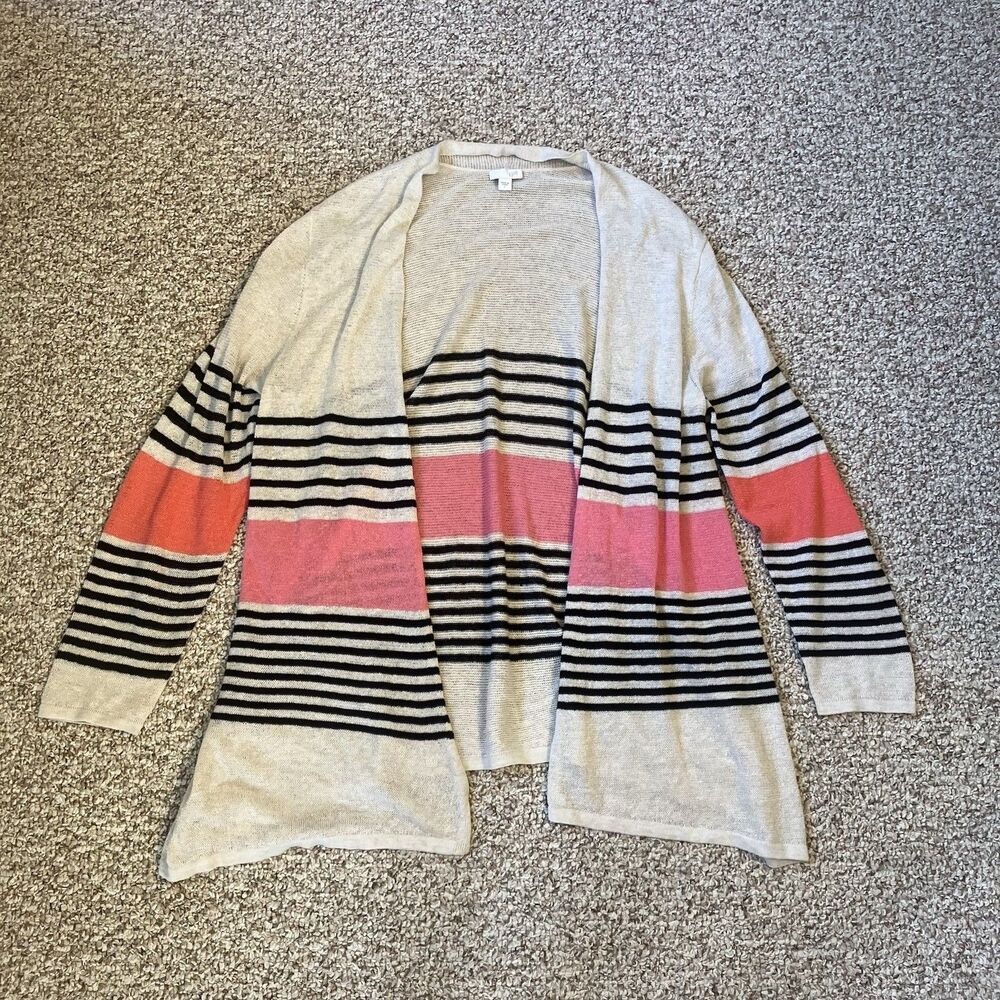 J Jill Linen Blend Open Cardigan Size L Striped Coastal Lightweight Summer Beach